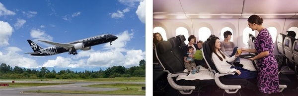 에어뉴질랜드 항공기(좌)와 승무원 기내서비스 모습 (사진제공=에어뉴질랜드)