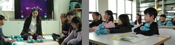 아이들이 코딩로봇 대시로 코딩수업을 받고 있다. (사진제공=마르시스)