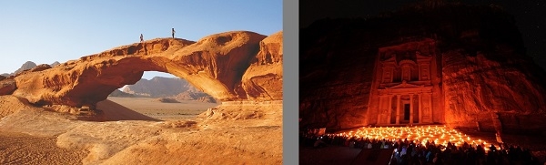 요르단이 새로운 여행지로 뜨고 있다. 와디럼 사막(좌)과 페트라 나이트 캔들쇼(우) 모습 (사진제공=하나투어)