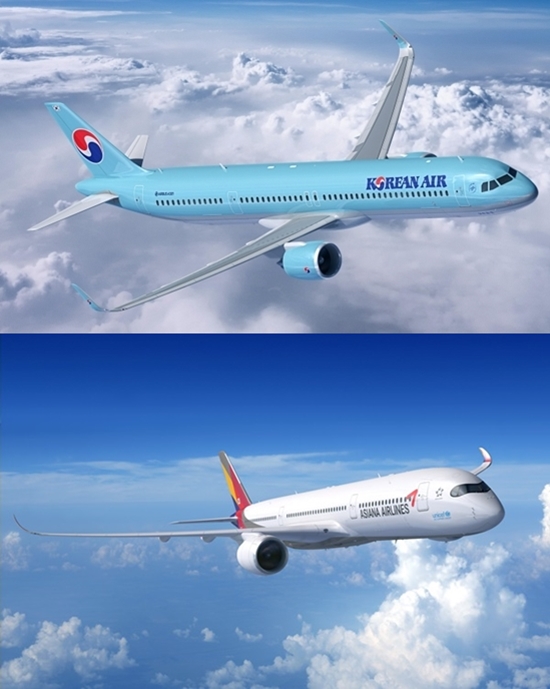 대한항공 A321 NEO 항공기와 아시아나항공 A350 항공기. [사진=대한항공, 아시아나항공 제공]
