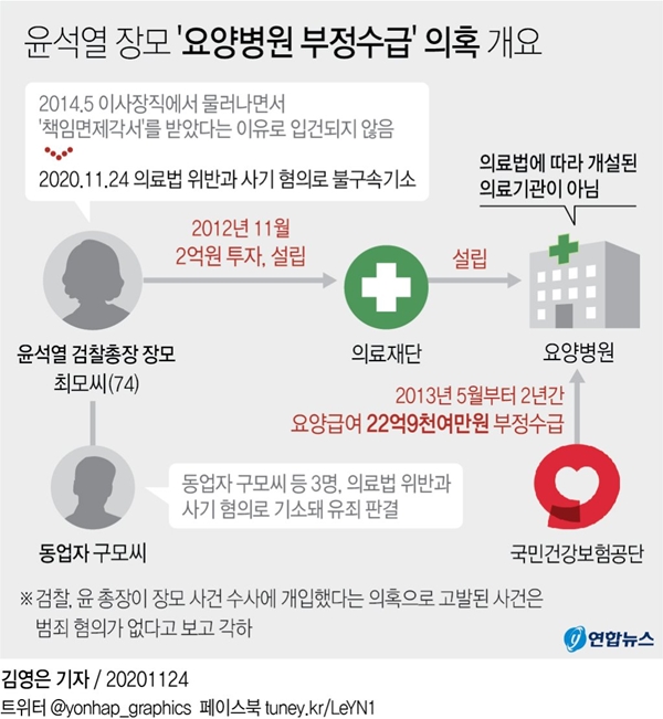 윤석열 검찰총장의 장모 최모씨 요양병원 부정수급 의혹 개요 [그래픽=연합뉴스]