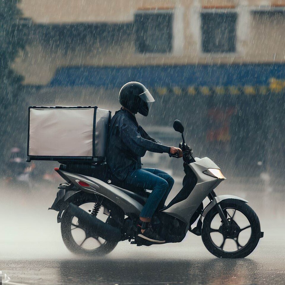 폭우에 배달하고 있는 배달 라이더의 모습. [사진=빙(Bing)]