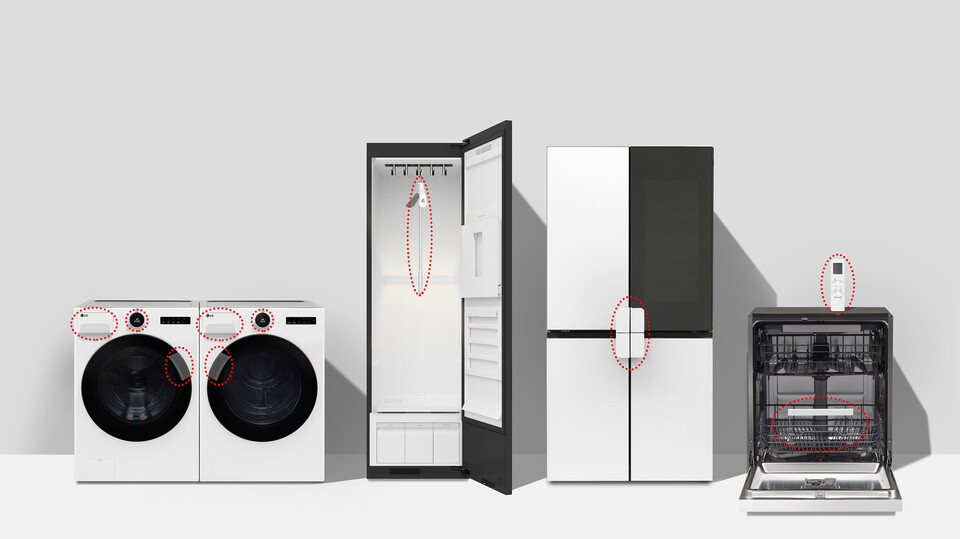 LG전자가 누구나 손쉽게 가전을 사용하도록 돕는 ‘LG 컴포트 키트’를 이달 출시한다. (사진 왼쪽부터) LG 컴포트 키트가 적용된 세탁기, 건조기, 스타일러, 냉장고, 식기세척기, 에어컨 리모컨 [사진=LG전자 제공]